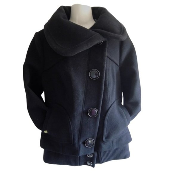 Soia and Kyo Black Wool blend Asymmetrical Buttoned Pea Coat womens Medium - Picture 15 of 15